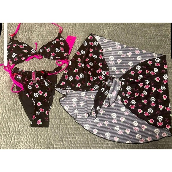 Betsey Johnson black pink 3 piece bikini set coverup sarong and top and bottoms - Picture 8 of 14